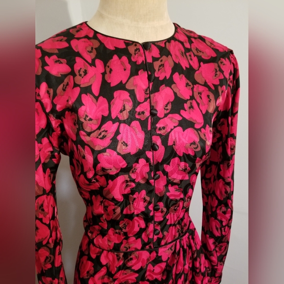 MAGGY LONDON BY JEANNENE BOOHER VINTAGE SILK RED BLACK FLORAL FAUX WRAP DRESS 12 - Picture 4 of 10
